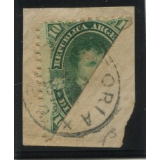 ARGENTINA 1867 GJ 39BI ESETAMPILLA BISECTADA EN FRAGMENTO CON MATASELLO VICTORIA ENTRE RIOS MUY RARA U$ 300